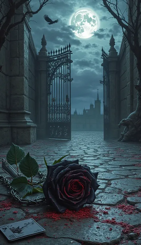 A dark, atmospheric book cover with gothic and symbolic elements. At the center, a black rose with razor-sharp, silver-thorned vines sprawls across a weathered stone floor, its petals slightly wilted and stained with drops of crimson, hinting at both beaut...