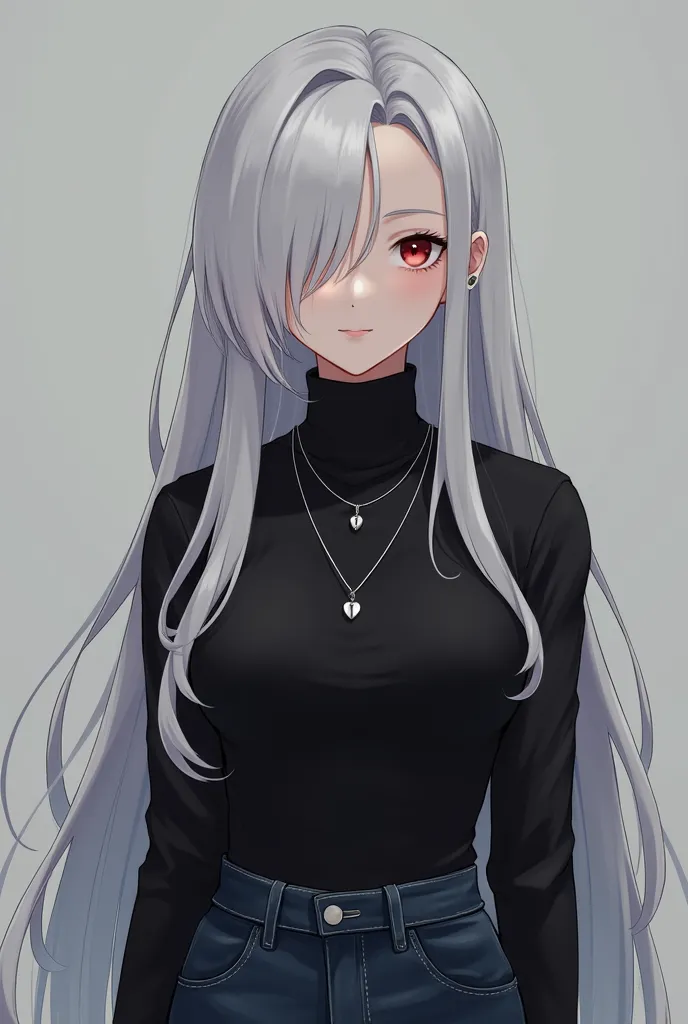 A young woman with long white hair, her left eye is red and her right eye is Gray. Her hair almost covers her right eye. She is wearing black turtleneck sweater and dark blue jeans and black boots. She is wearing a Sliver necklace with heart attachment