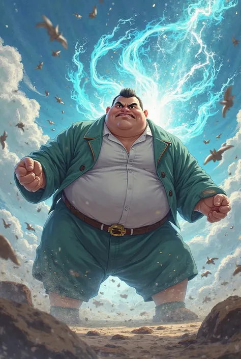 fat man, with short hair and perfectly rounded cheeks using the powers of the air element to combat anime style
