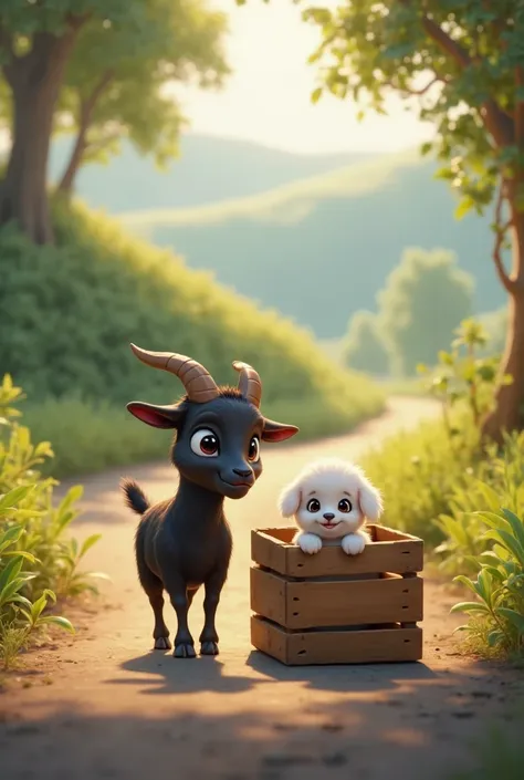 Generate an video in which a small black goat  pushing a box containing a white puppy in the middle of the road to aside of the road through its head