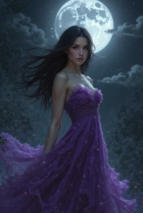 A black-haired woman with brown eyes white under the moonlight wearing realistic purple dress 