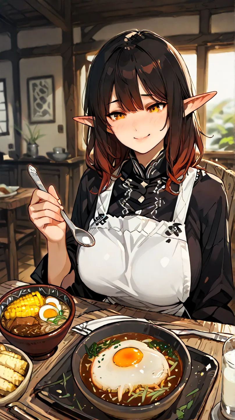 ( Premium , 걸작, absurdity) An innocent dark-haired elf sits on a chair and eats soup in a bowl, corn soup, a bowl of soup,  spoon , I enjoy using a fork , A glass with milk,wooden table,Bread and fried eggs on a plate , sunshine, big boobs , huge boobs  , ...