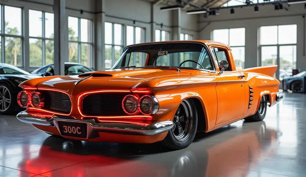 "A realistic, high-quality image of a modern sports Pickup Truck seen from the front right side view, resembling a  1960 Chrysler 300C restmod . The Super car is orange with glossy paint and a sleek, aerodynamic design. It has four large, round exhaust pip...