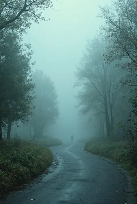 Street in park with fog without people