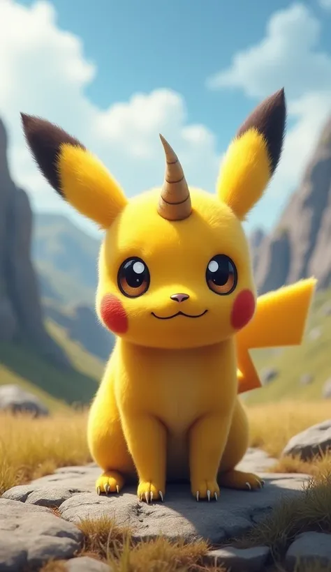  Fantastic　realistic footage　On the rocks in the prairie　Pokémon　Pikachu's face is a cute yellow calf with wide eyes　Horn