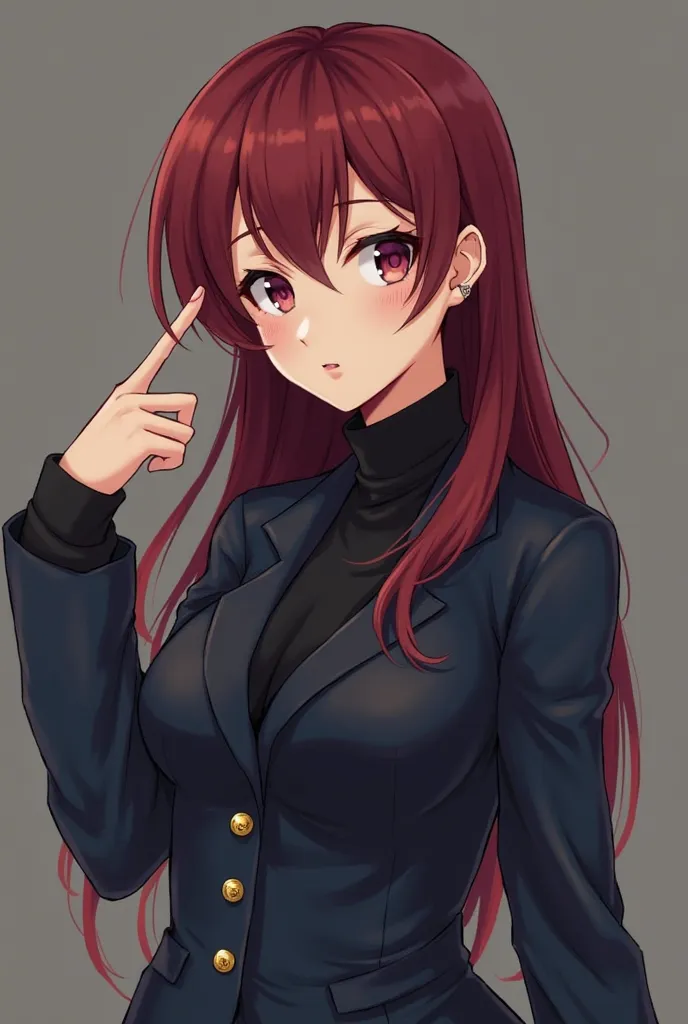 A good-looking girl, inviting, with dark circles,  dark red hair, wearing a dark blue uniform, with a jacket with a turtleneck and 4 gold buttons that fastens up to the turtleneck, A little bit more illuminated, With her eyes not so big and posing with one...