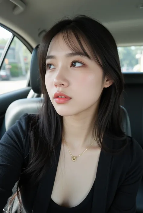 A medium close-up selfie of a young asian woman sitting in the backseat of a car. She gazes to the side with a thoughtful, slightly pouty expression, her lips glossy and subtly accentuating her features. Her long, straight black hair frames her face, catch...