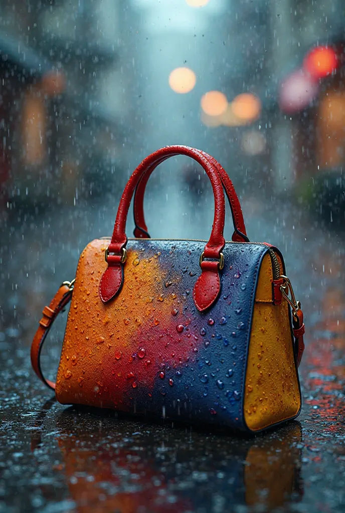 Creat different colours relastic luxurious handbag rain drops on it with blurly background 