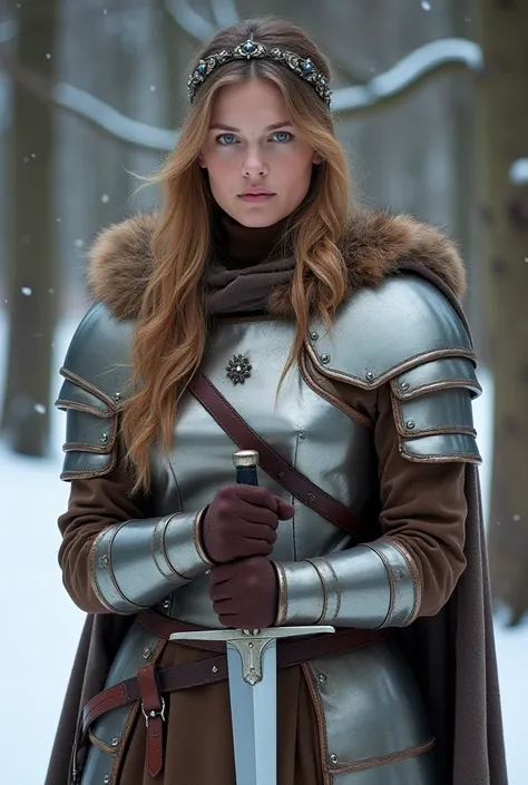 A woman dressed in elaborate medieval-style armor and clothing stands outdoors in a snowy setting. with long, light brown hair styled in loose waves. She wears a decorative headband or tiara with metallic accents, Her expression is serious and direct, look...