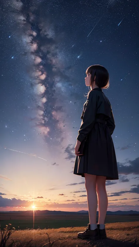  Expansive Landscape Photos 、Girl standing on a prairie on the horizon and looking up at the sky、Big Clouds、Milky Way at night