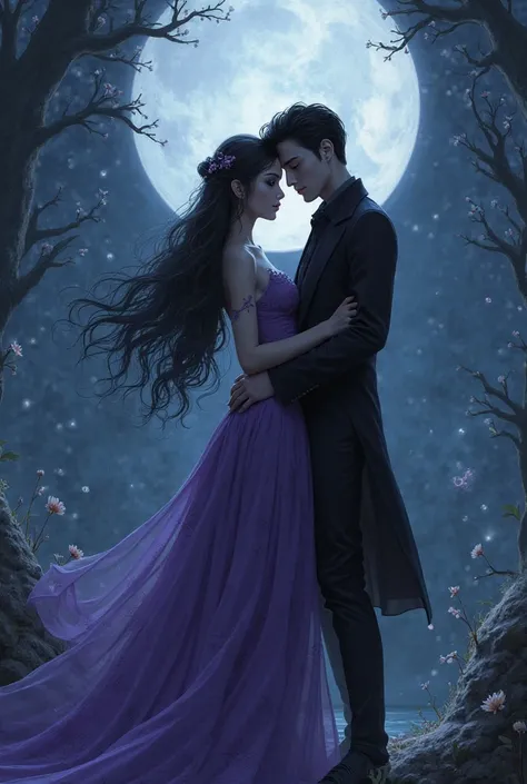 A black-haired, brown-eyed white couple under the moonlight wearing realistic purple dress , Man in black clothes green white eyes 