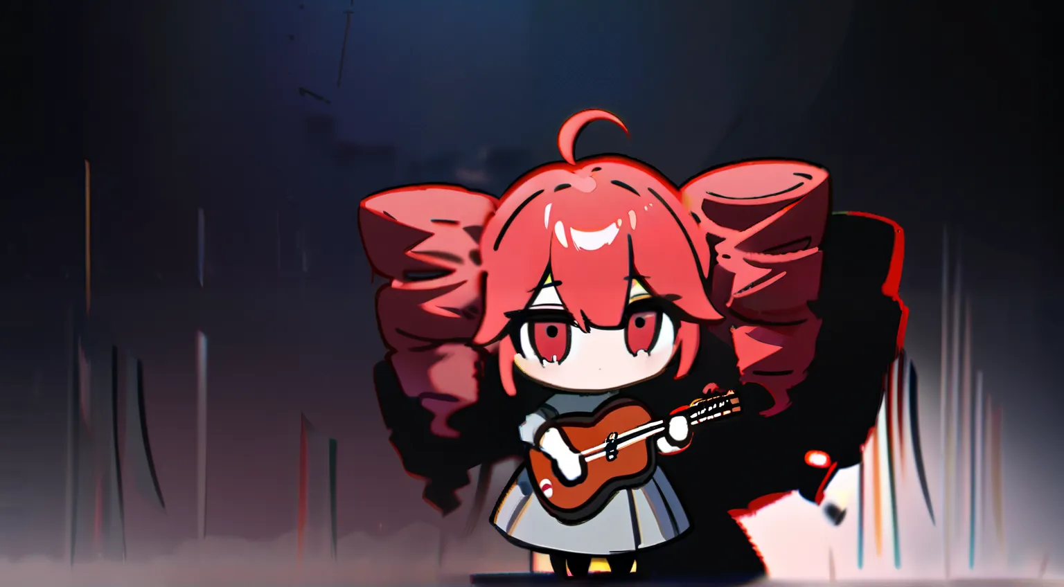  cute、1 girl、high quality、((masterpiece))、Tet、KasaneTeto、 twin drill hair、guitar、 redhead、 neat clothes in a pretty gray color,,,,,,,、 curly red hair like a drill 、 red eyes、