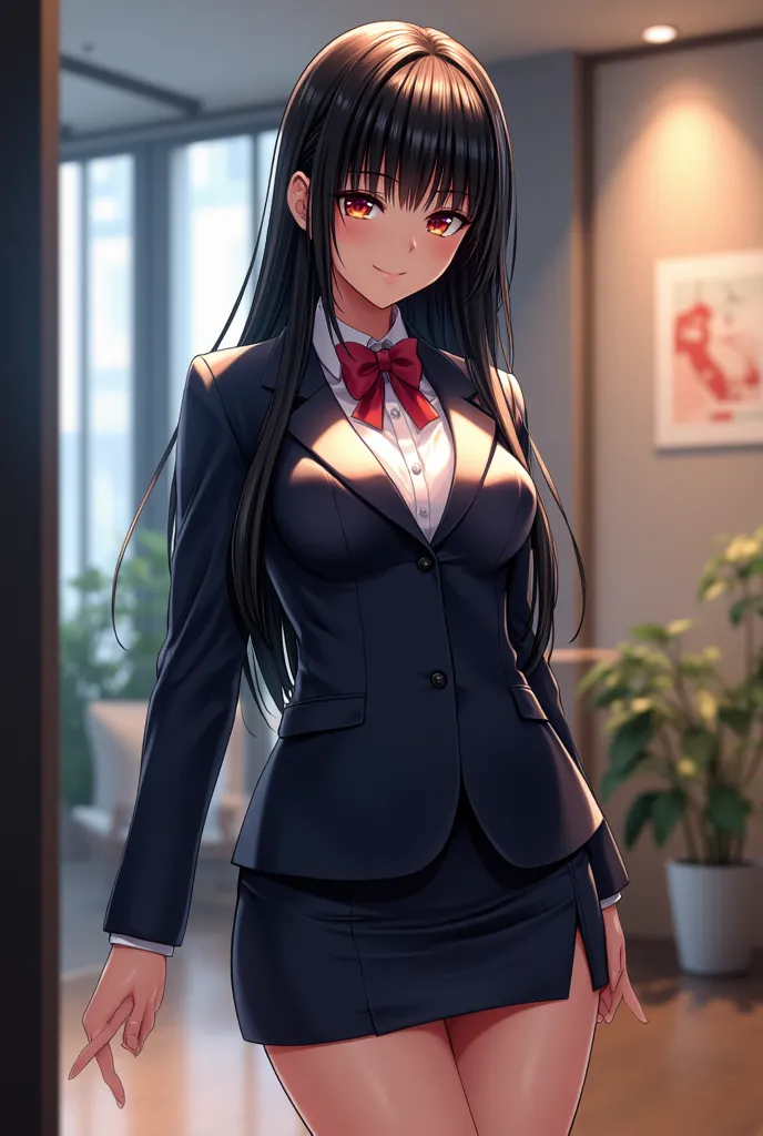 high school girl, Business suit and tight skirt, ((silky photoreal cuticle very long straight hair)), ((blunt bangs, straight across her forehead, hime cut)), studio lights,  shy smile, huge breast