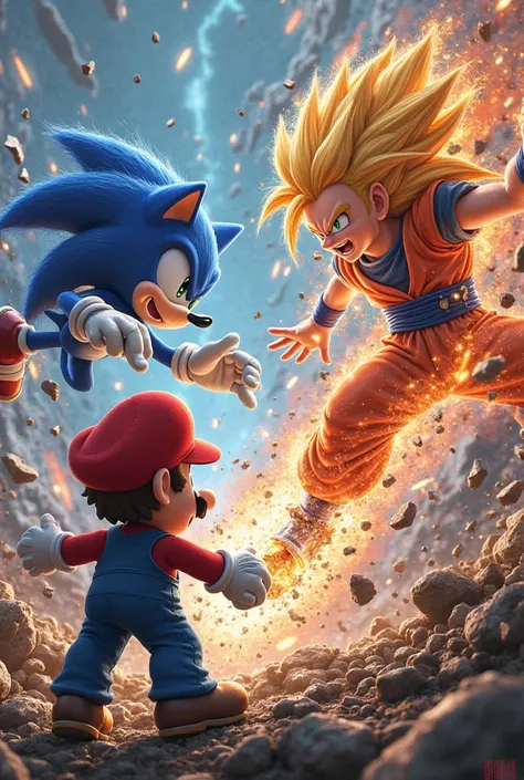 Mario fighting with Sonic and Goku Ultra Distonto