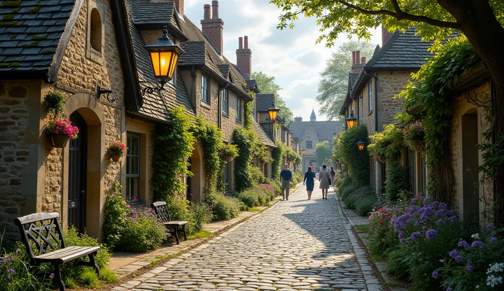 A charming narrow street in a picturesque English village, with cobblestone pavement that has been worn smooth by time. The buildings lining the street are traditional, made of weathered stone and brick, with grey slate roofs that have patches of moss grow...