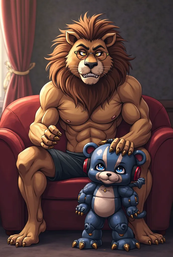 masterpiece, best quality, newest, absurdres, highres, anime, anime style, 2boys, multiple boys, BREAK 1boy, ((Cornelius,))  Lion anthro, Medium muscular lion, no mane, brown, light brown lion, feline, long brown pony tail hair, lion ears, wearing tiny gol...