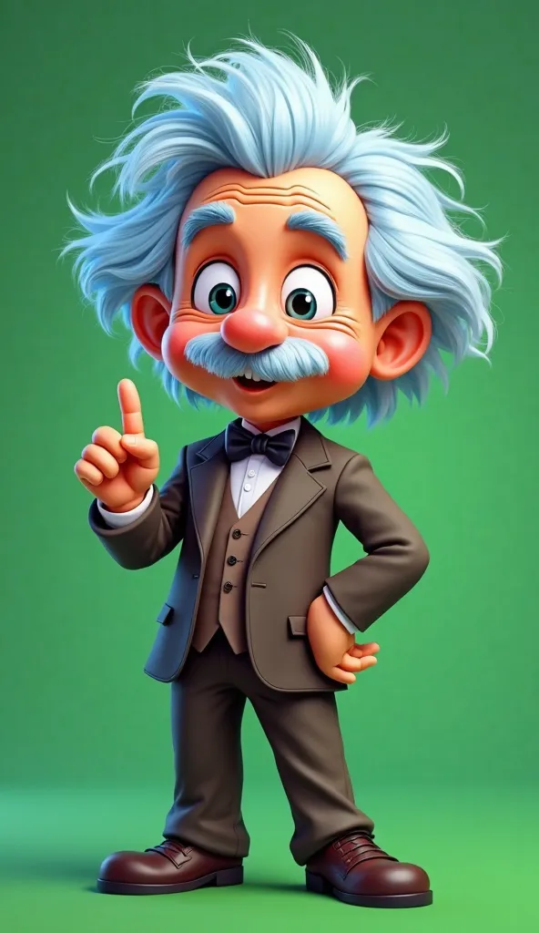 2D cartoon style drawing of a character inspired by Albert Einstein, represented in full body. He has shaggy hair in a vibrant light blue tone (to avoid removal when removing the green background), thick eyebrows and expressive eyes that convey intelligenc...