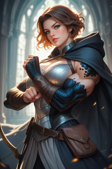 female Ranger, Dragongirl, human face,  (Huge breasts: 2.5), (Gigantic Muscles: 2.7), massive Biceps, short brown hair, (black scales: 1.1), claws, green eyes, tail, hooded cloak, holding bow