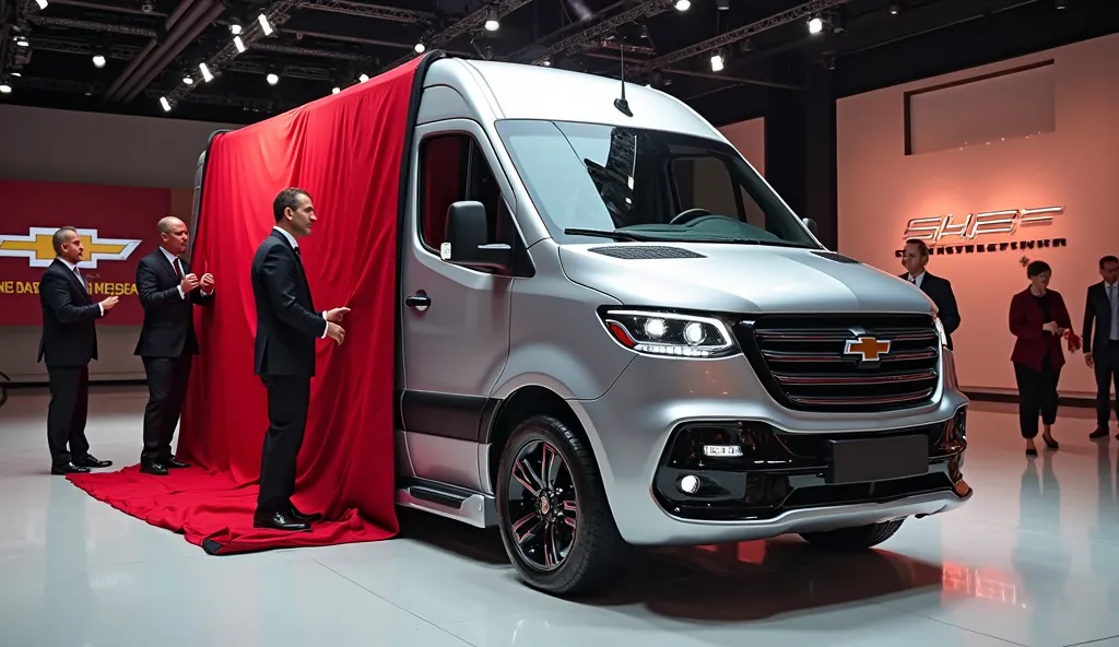 A captivating image of a (2025 Chevrolet Express) center stage in a luxurious  showroom.The futuristic, vibrant (silver) exterior gleams, showcasing its sleek, aerodynamic design and bold accents. The Van (right front side) view highlight the cutting-edge ...