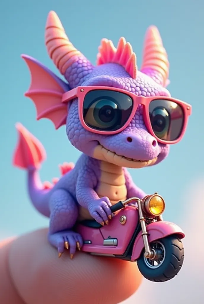  A purple dragon, wearing sunglasses, riding a small motorcycle, is sticking your finger on it.、 Little bright dragon on your finger、 Pastel colorsの七色の毛のかわいいドラゴン、 hair 、The hairs on my body  、 ตาโตcute 、 cute 、novel、แท้TRUE、car、 my hands are resting on my ...