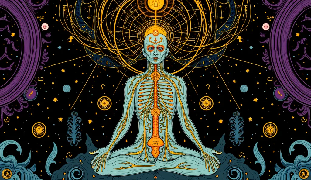 
A stylized illustration of a human figure with an intricate representation of the nervous system and chakra points, surrounded by glowing circles and geometric patterns, symbolizing energy and spirit. 

psychedelic cosmic, oniric, fluid, ethereal,alex gra...