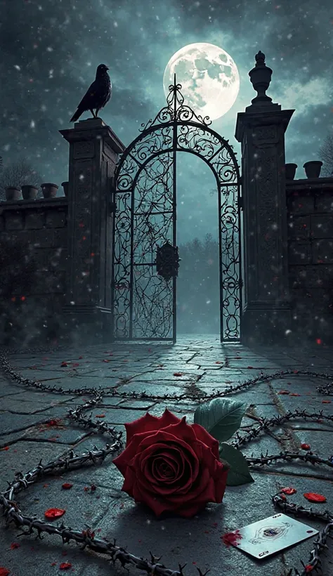 A dark, atmospheric book cover with gothic and symbolic elements, inspired by the title El Secreto entre las Espinas. At the center, a black rose with razor-sharp silver-thorned vines sprawls across a weathered stone floor, its petals slightly wilted and s...