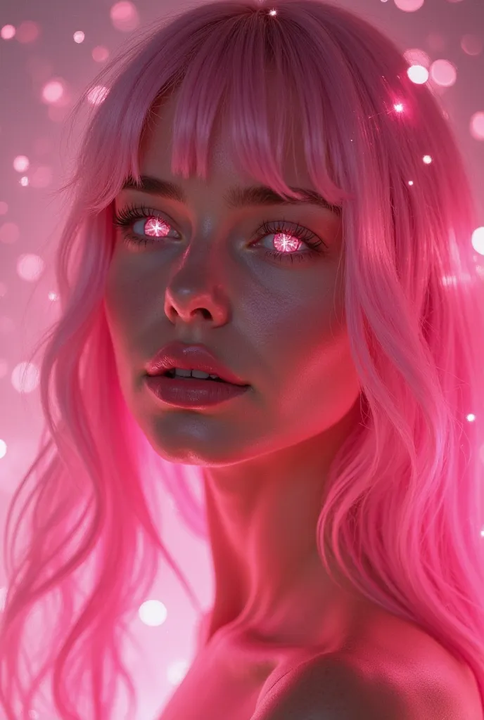 Verena has glowy pink long with bangs hair, her eyes has star pupils that is glowing, every gods who stare at her lost in the sight of the her ethereal beauty, her face is youthful. Her cupid shape lips curved into a soft smile. She wears a silk pink ether...