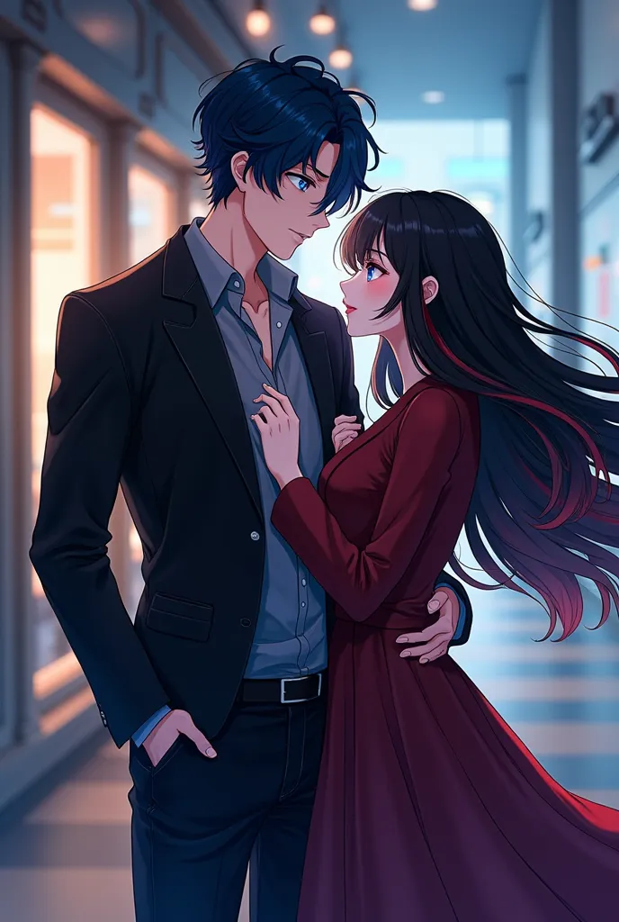   adult anime man with black hair and blue locks and with black jacket and jeans , Blue eyes and 29 years old with a cap and with a girl with black hair and with red highlights 