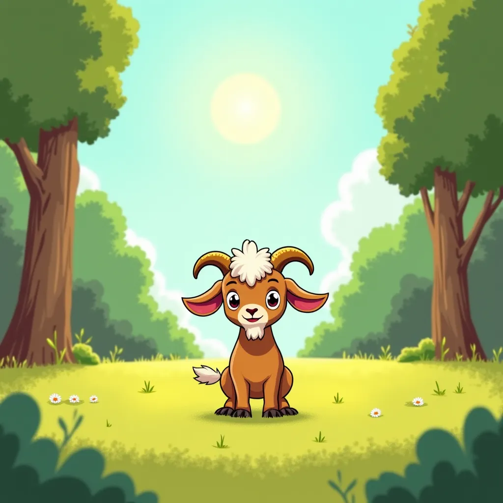 "The goat, now free, thanks the farmer and promises to never trust anyone blindly again. The goat’s expression is determined, standing under a bright sky in the forest. The final scene is illustrated in a happy and colorful cartoon style."