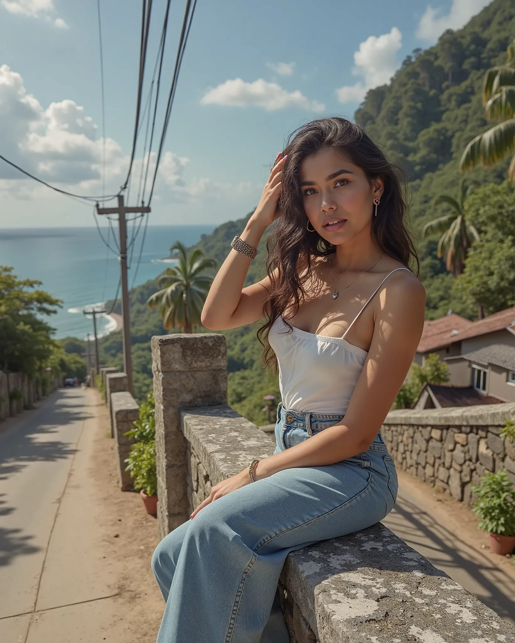 beautiful latina, photo realism, wearing exact outfit as image to image, in brazil, summer time, candid photo 