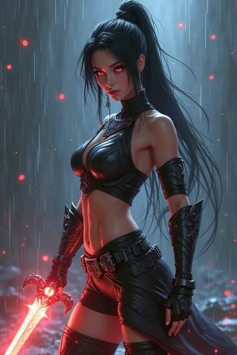 LoL Style, 1girl, solo, female focus, solo focus, armor, ass, black hair, gauntlets, glowing, glowing eyes, glowing weapon, holding sword, long hair, midriff, night, ponytail, rain, red eyes