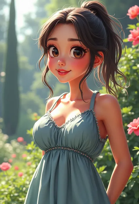 Adorable, Woman,big-eyed woman, round face. promenent lips. Smileing,In the garden,Her hands are behind her...., , large ass, wearing a cute sun dress. Picture from the side,looking at the scenes, intense colors, Very valuable details, complex details, vol...