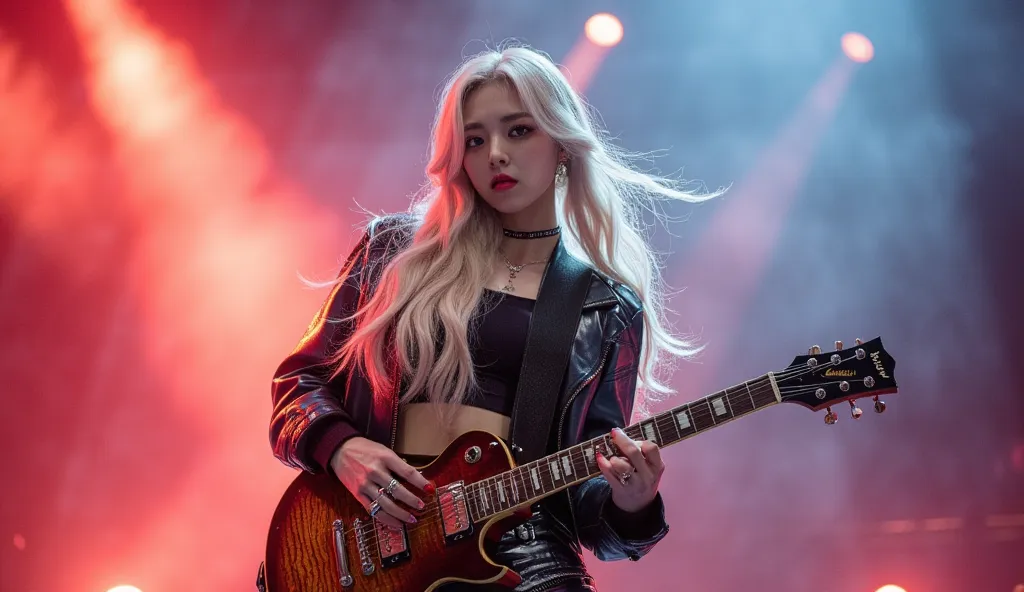 Beautiful and sexy Shin Yuna of Itzy playing the fire electric guitar on a stage full of smoke. Long white hair. Masterpiece, full body view, 8k, photo realistic