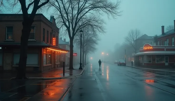 A typical American street corner on a slightly foggy, moody day, with the ground wet from recent rain, reflecting the soft, diffused light of nearby street lamps. The scene feels quiet and contemplative, with mist swirling through the air and lingering bet...