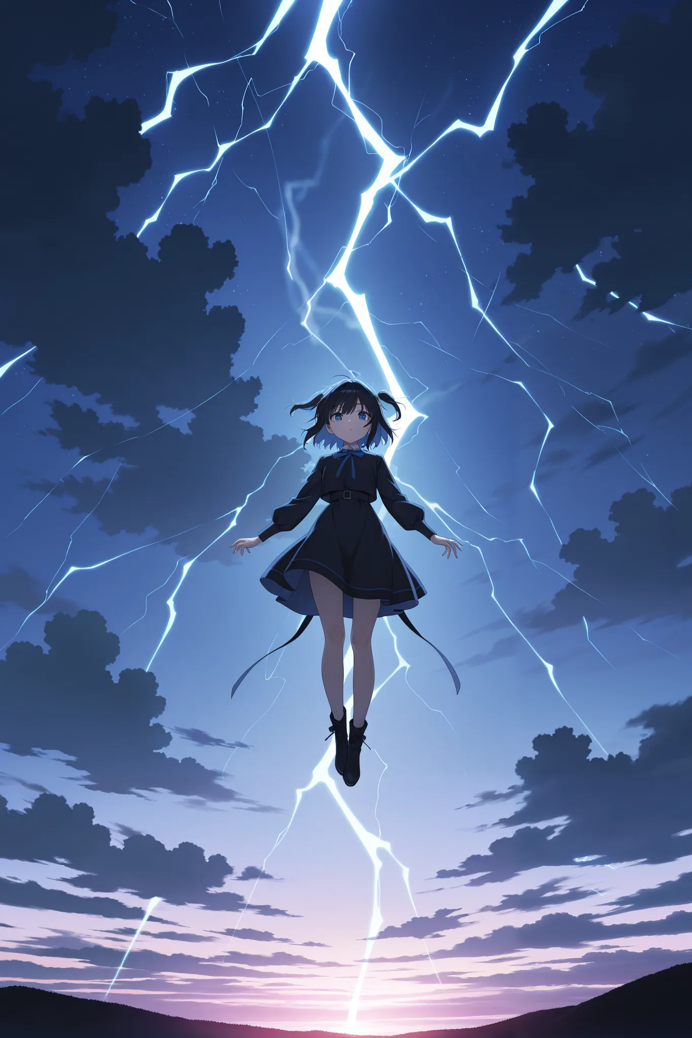 masterpiece,best quality, amazing quality, very aesthetic,anime screencap,newest,1girl,solo,floating,lightning ,looking at viewer 