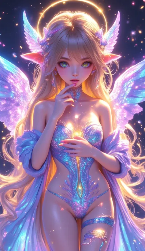 A girl in shiny patterns that glow with a beach, the girl has torn angelic wings glow with the glitter of God dressed in a torn rubber kigurumi Elf girl with freckles under her eyes in clothes made with a cut on the navel and on the legs and legs stockings...