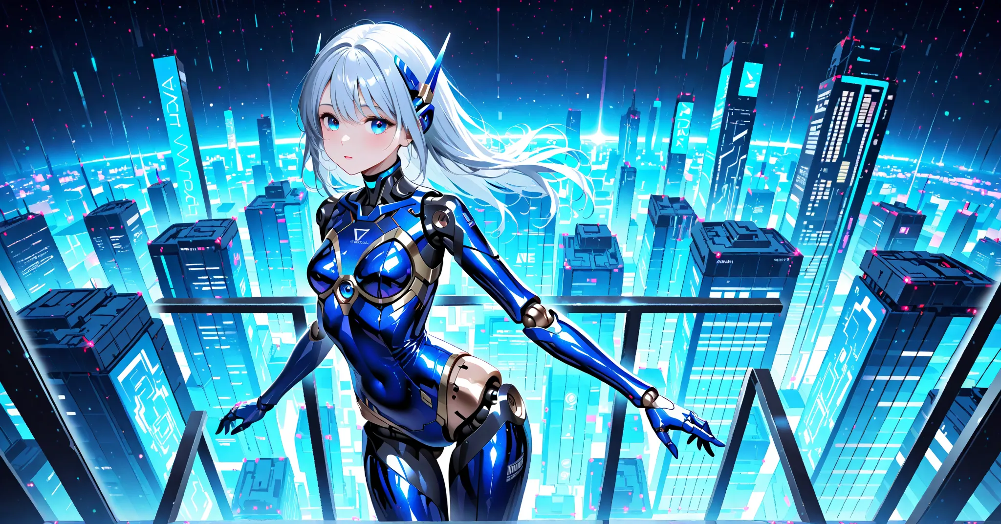  silver hair、Bright Blue Eyes、Slim and Graceful Body、Metallic Shiny Suit、Cyber-Feeling Accessories、AI Core Shines on the Chest、Smooth Joints、Delicate fingertips、Nanotech Suit、 futuristic city background