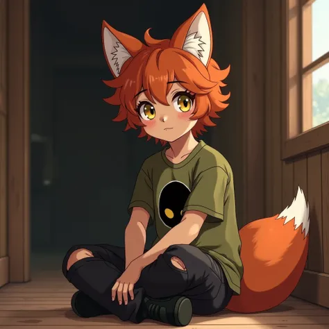 An e with red curly hair, yellow and white eyes with heterochromia,  Fox ears and tail , wearing a wide olive green t-shirt with the logo of a black skull and ripped black cargo pants, sitting on the floor of a wooden house hugging his knees while looking ...