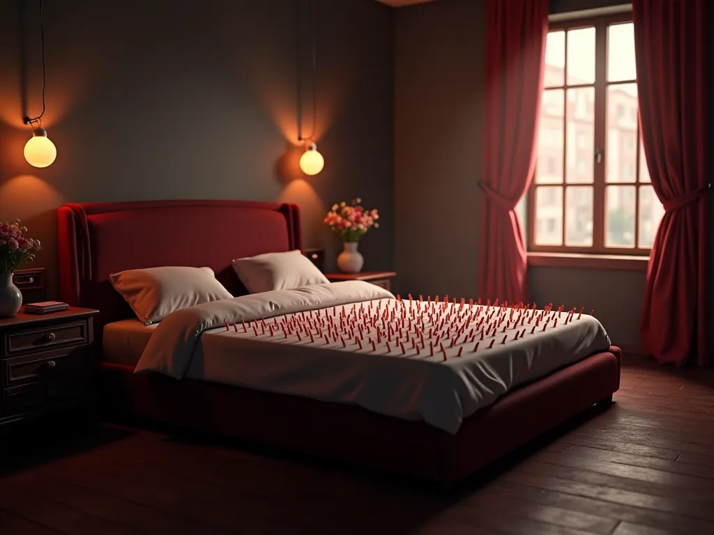 the bedroom scene in digital 3D animation style, with a good atmosphere. The bed and furniture are all clean and the bed is covered with nails. O giving a dramatic and mysterious effect. The art refers to a realistic and detailed animation style,  with a t...