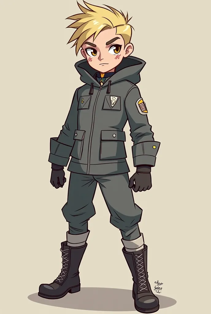 Hunter Noceda from the owl house cartoon from the Dana Terrence series,  young ager , Slim build, pale skin, short blond hair, Plum Eyes, Witch Hunters' Uniform Clothing, grey jacket/Silver,  combat boots , Hood often worn, Distinctive Features Scar on you...