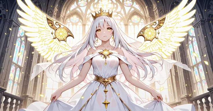  pure white long hair 、Shining Gold Eyes、Elegant Pure White Dress、Floating Hologram Wings、Beautiful Skin Combining Metal and Organic Materials、 mystical brilliance 、Clean and Innocent Expression、Future Cathedral Background