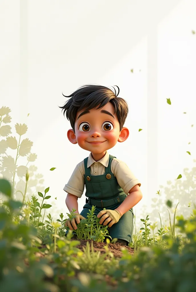 A happy boy in a dark green uniform in a white shirt is planting plants,   Pixar style