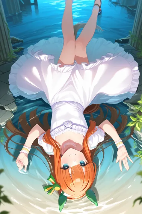 best quality 、masterpiece、 1 girl、 Silence Suzuka、  Uma Musume、smile、 long hair、 animal ears 、 ear covers、 orange hair、 band、(( tea hair))、 horse tail、flat chest, Tail, Wearing Water、、 Fantastic、star、ruins、universe、Upside down、