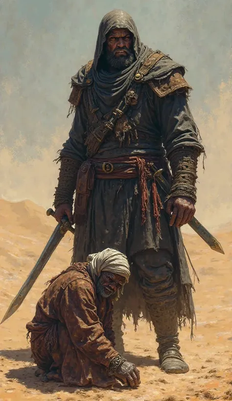 The bandit laughs sarcastically, leaning on his sword, and allows the frightened and terrified merchant to pray, but the bandit is evil. In the middle of the desert