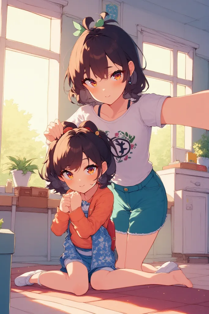 2 sisters, full portrait, anime style, getting ready for school 