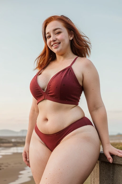 ( High quality , ultra detailed, careful with hand ) redhead adult woman, freckled, freckles, Curvy, thick thighs, dawn, with wind , whole body, happy