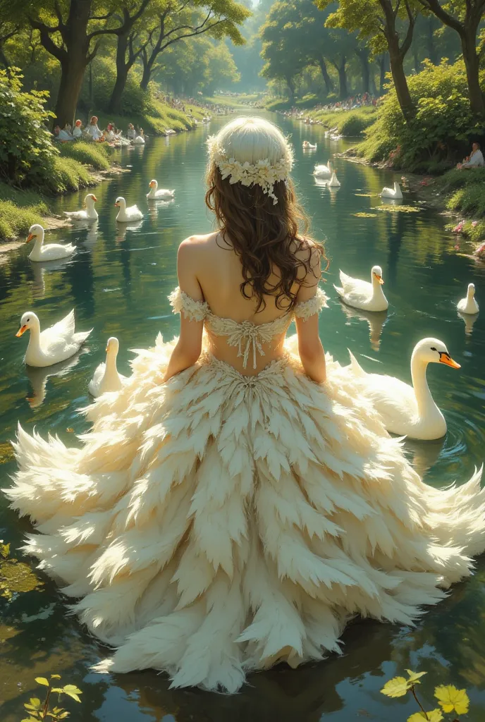 Bird's eye view Anne (An innocent girl and (and smiling、influenced by Claude Monet)  has freckles 、My chest is full and stretched)  dress (Beautiful skirt dress made of swan feathers) skipping the lake, I'm smiling. (The colors are expressed in bright past...