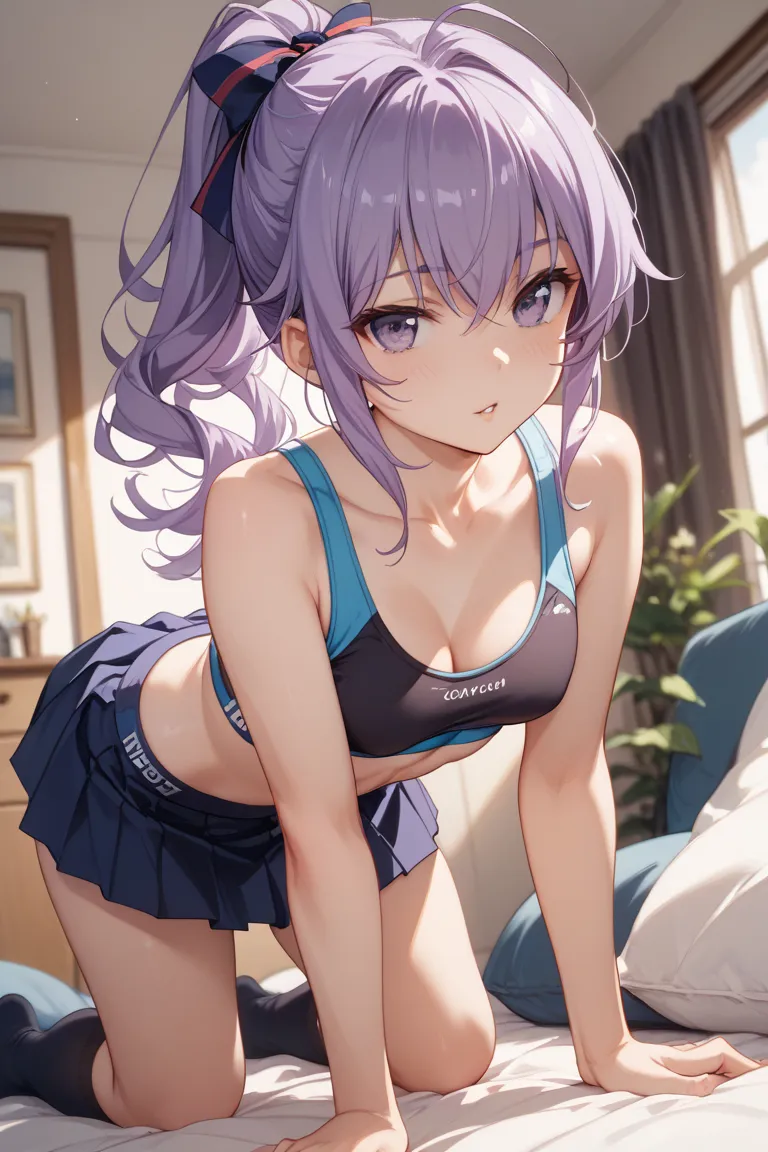 The Seraph at the End、Shinoa Hiiragi、purple hair purple eyes、ponytail、 neck muscle 、18 years old、uniform、sports bra、Reach for loose-chested 、skirt、 small breasts 、Boobs cleavage、on all fours、Underwear visible、