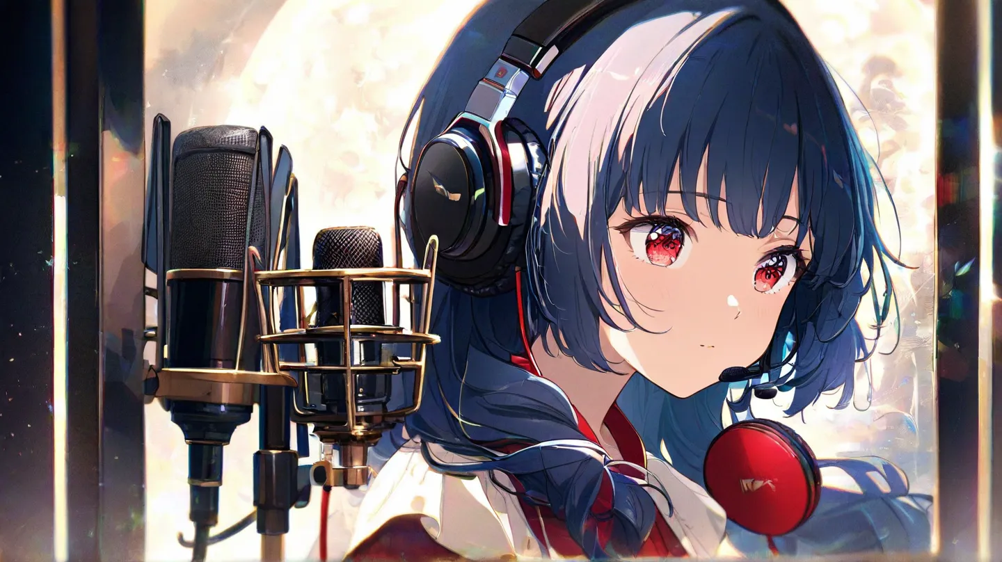 An anime girl s, with long dark blue hair, red eyes, with headphones and microphone, looks to the left, music in the background