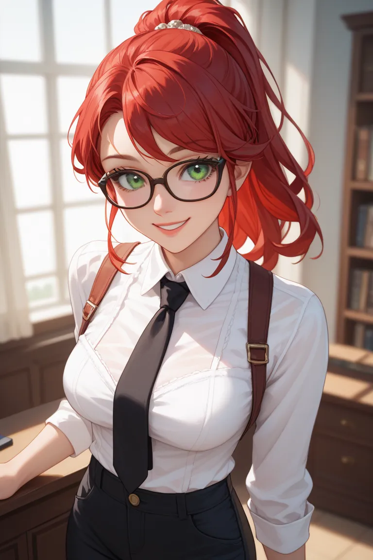 Anime, solo, 1girl, facing viewer, red hair, green eyes, ponytail, medium breasts, white blouse, black trousers, tie, glasses, smiling, cute, best quality, masterpiece.